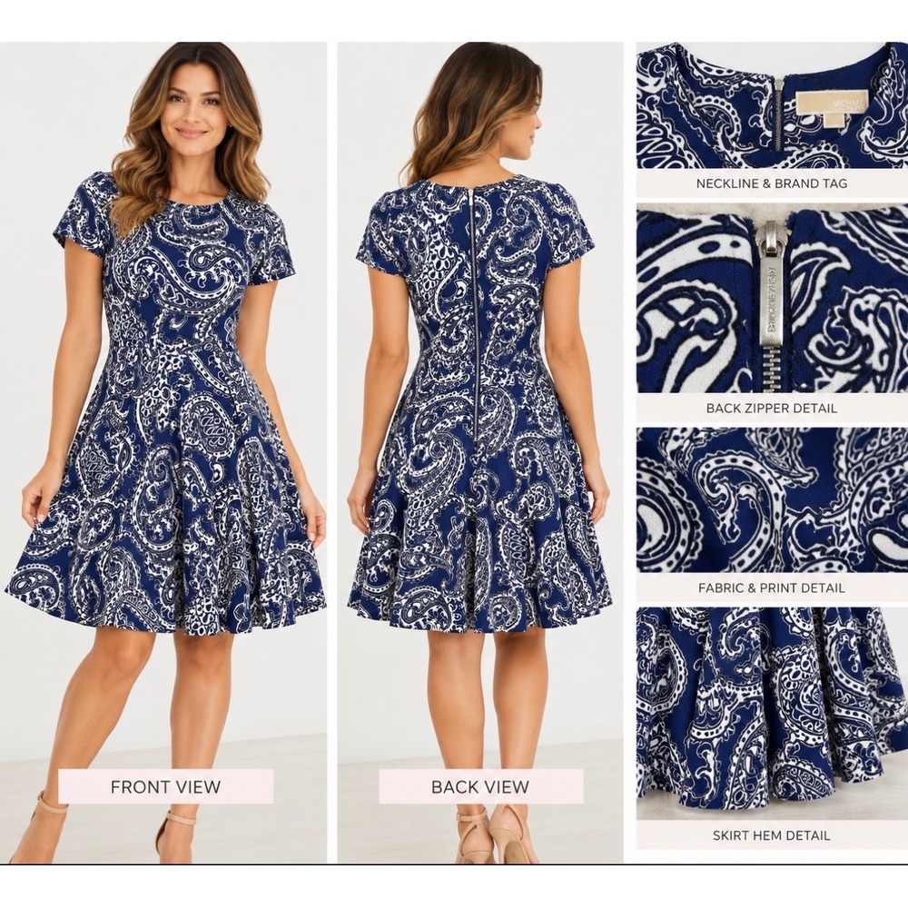 Michael Michael Kors Blue White Paisley Fit Flare Dress Size 10 work office